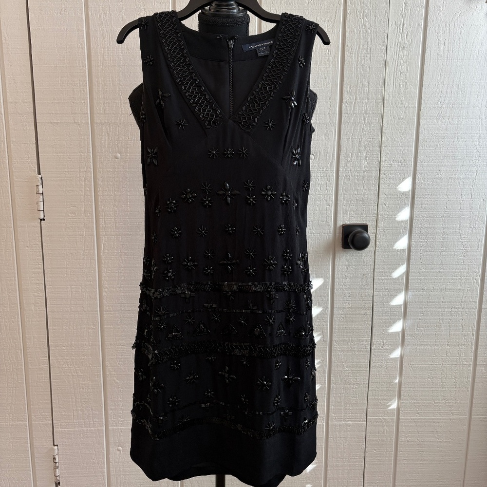 French Connection Milena Beaded Shift V Neck Dress Black 0 party cocktail dress